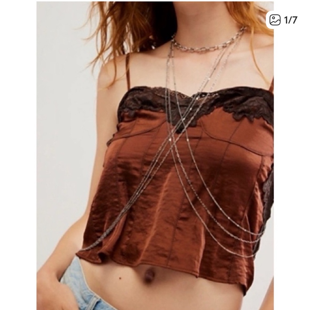 Free People Rust Brown Satin Cami with Black Lace Trim